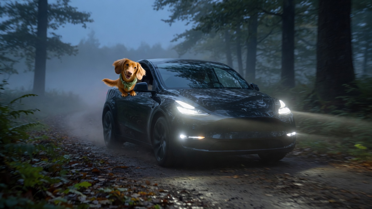 旺财 riding in a Tesla through the forest