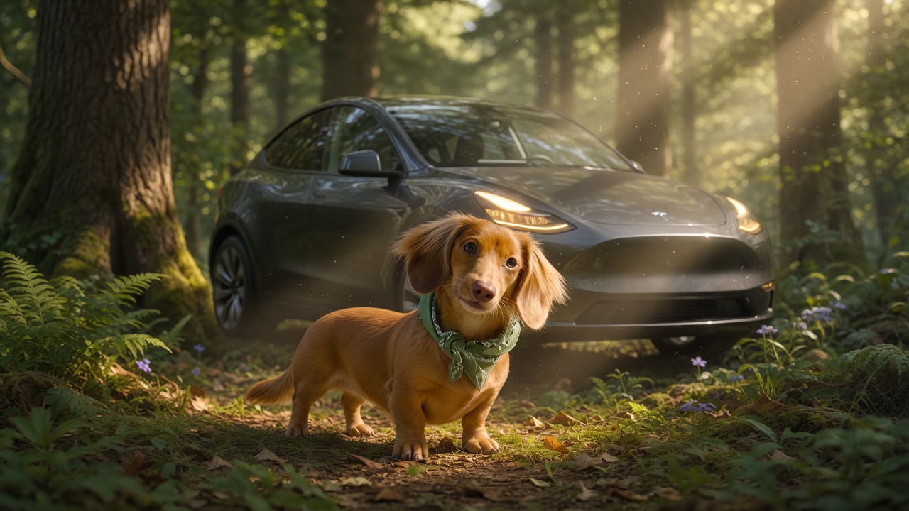 旺财 standing in front of a Tesla in the forest